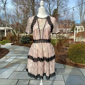 NWT NICHOLAS Lace Crochet Short-Sleeve Cocktail Mini Dress Pink